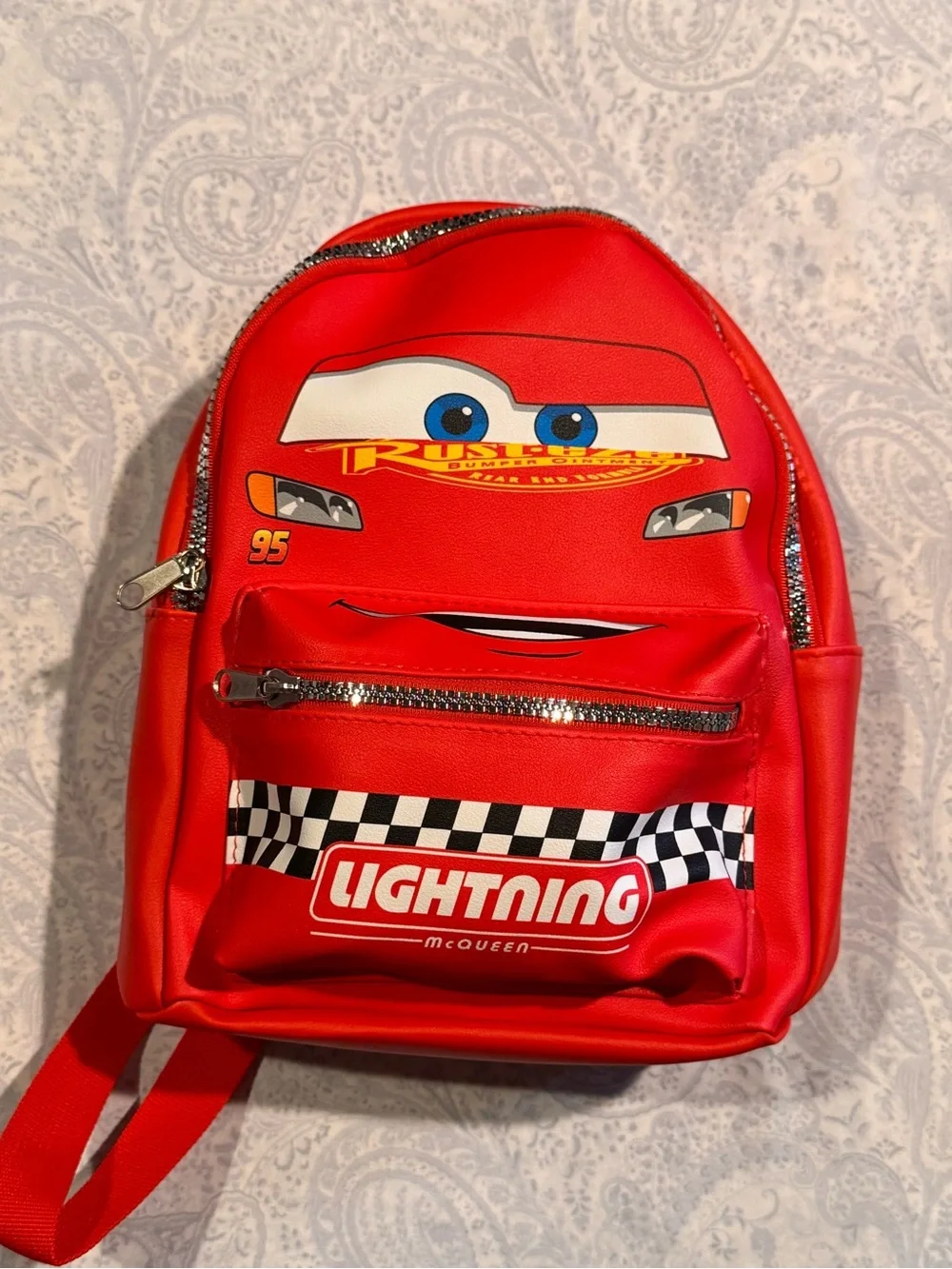 Disney Lightning McQueen Faux Pebbled Red Leather Backpack with Checker Accent